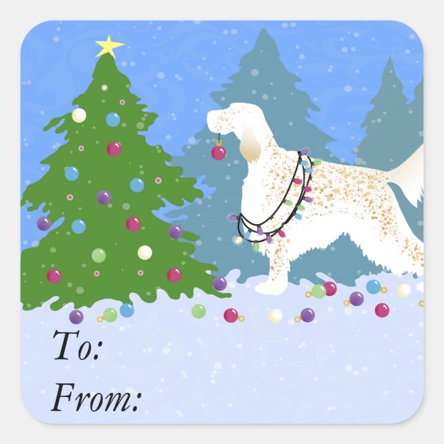 English Setter Decorating Tree in the Forest Square Sticker (Front)