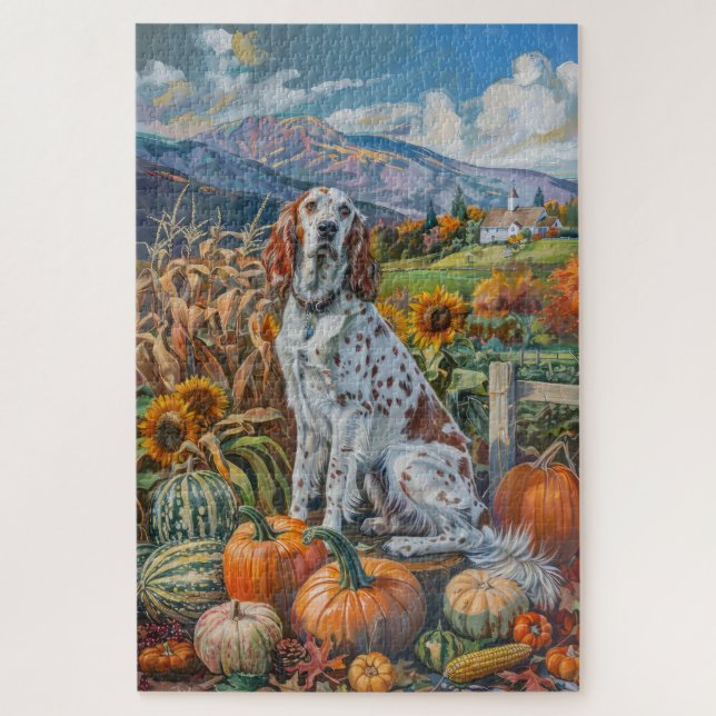 English Setter Dog Autumn Harvest Thanksgiving Jigsaw Puzzle (Vertical)