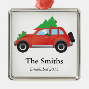 English Setter Dog Driving car w/ Christmas tree Metal Ornament