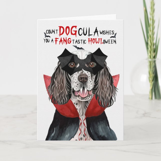 English Setter Dog Funny Count DOGcula Halloween Holiday Card (Front)