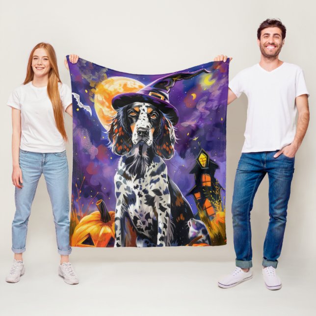 English Setter Dog Halloween Witch And Pumpkin Fleece Blanket (In Situ)