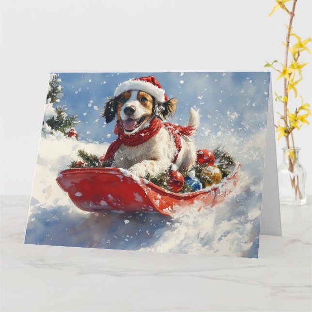 English Setter Dog in Sledge Let it Snow Christmas Card (Yellow Flower)