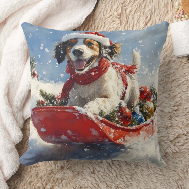 English Setter Dog in Sledge Let it Snow Christmas Throw Pillow (Blanket)
