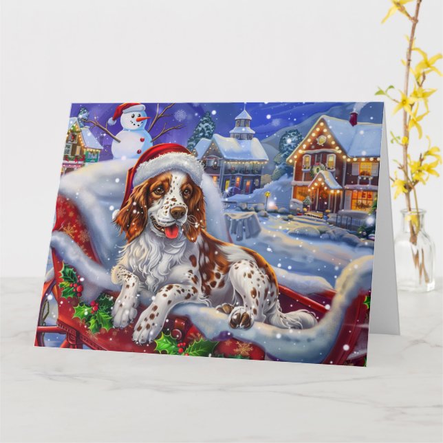 English Setter Dog in Sleigh Snow Christmas Card (Yellow Flower)