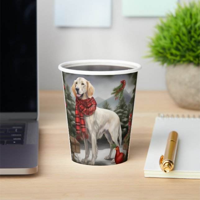English Setter Dog in Snow Christmas Paper Cups (Insitu)