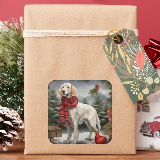 English Setter Dog in Snow Christmas Square Sticker (Holiday)