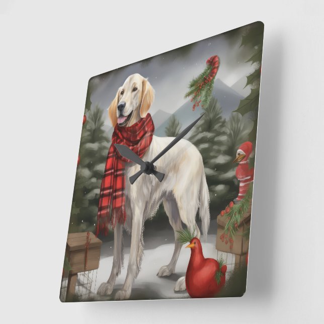 English Setter Dog in Snow Christmas Square Wall Clock (Angle)