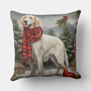 English Setter Dog in Snow Christmas Throw Pillow