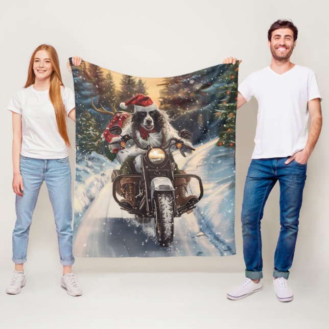 English Setter Dog Riding Motorcycle Christmas Fleece Blanket (In Situ)
