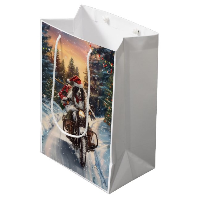English Setter Dog Riding Motorcycle Christmas Medium Gift Bag (Front Angled)