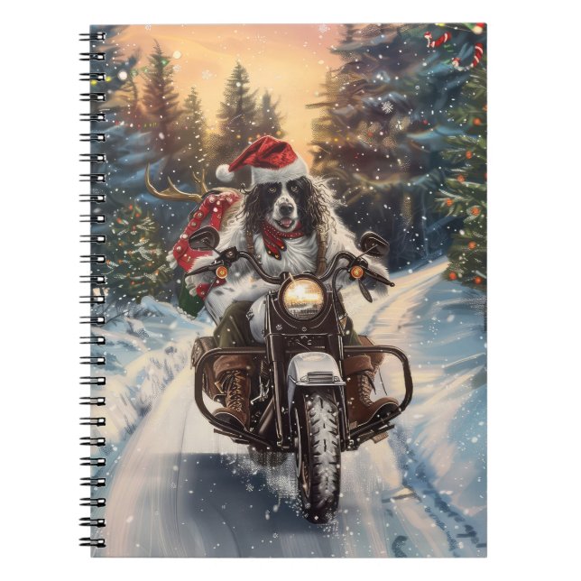 English Setter Dog Riding Motorcycle Christmas Notebook (Front)