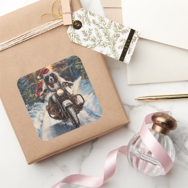 English Setter Dog Riding Motorcycle Christmas Square Sticker (Gifting)
