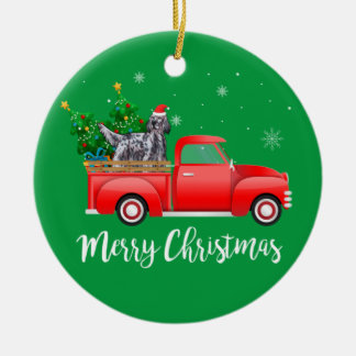 English Setter Dog Riding Red Truck Christmas Ceramic Ornament