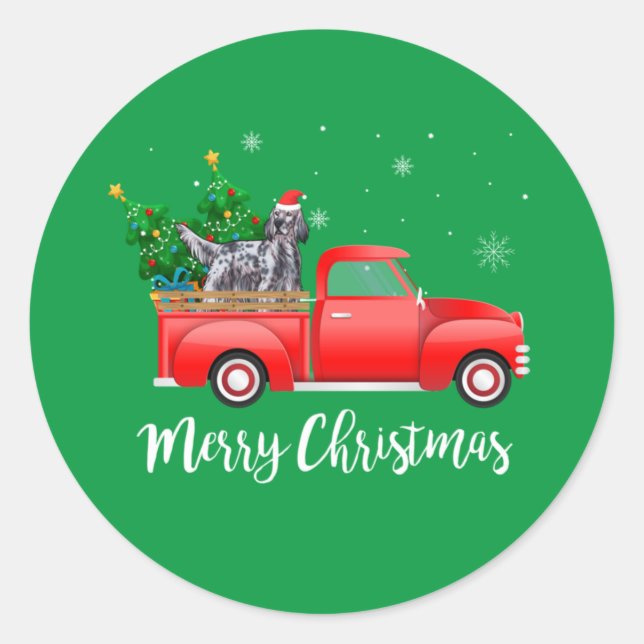 English Setter Dog Riding Red Truck Christmas Classic Round Sticker (Front)