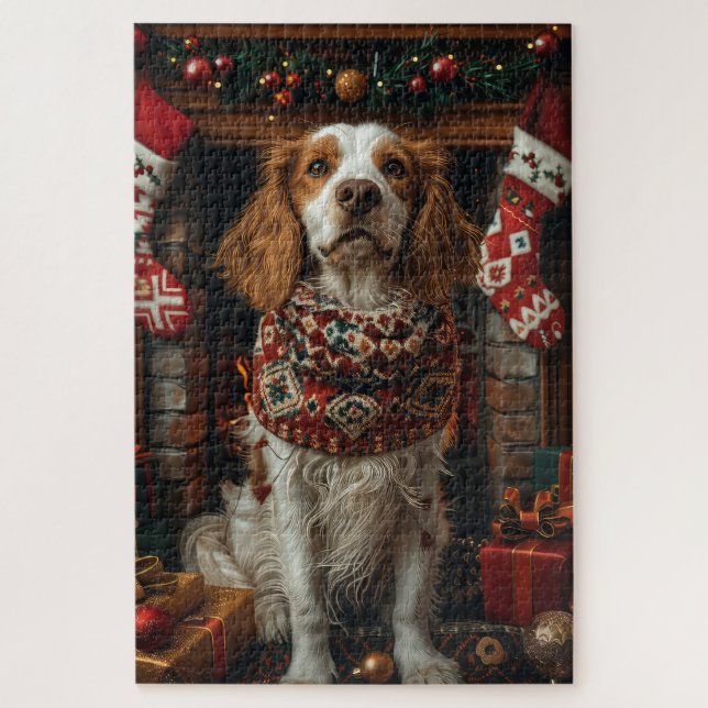 English Setter Dog With Christmas Gifts Fireplace Jigsaw Puzzle (Vertical)