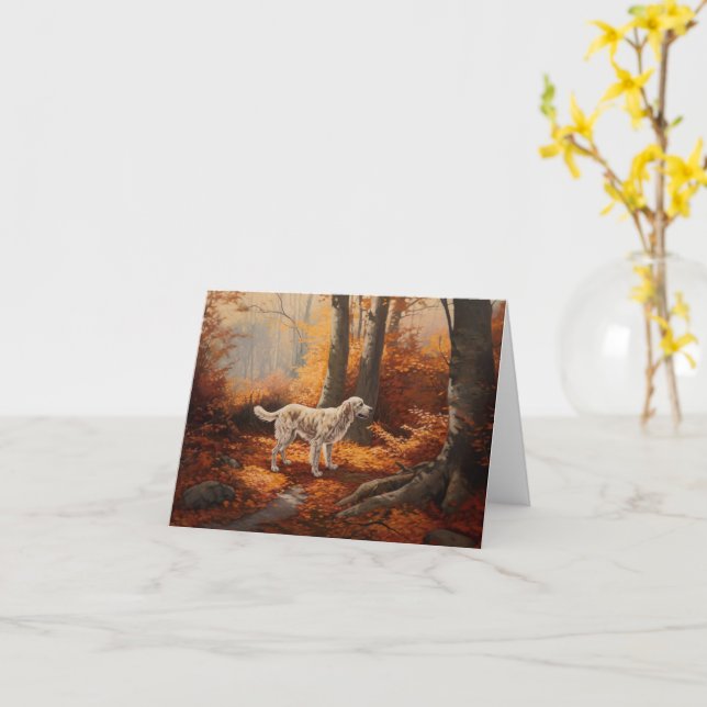 English Setter in Autumn Leaves Fall Inspire Card (Yellow Flower)