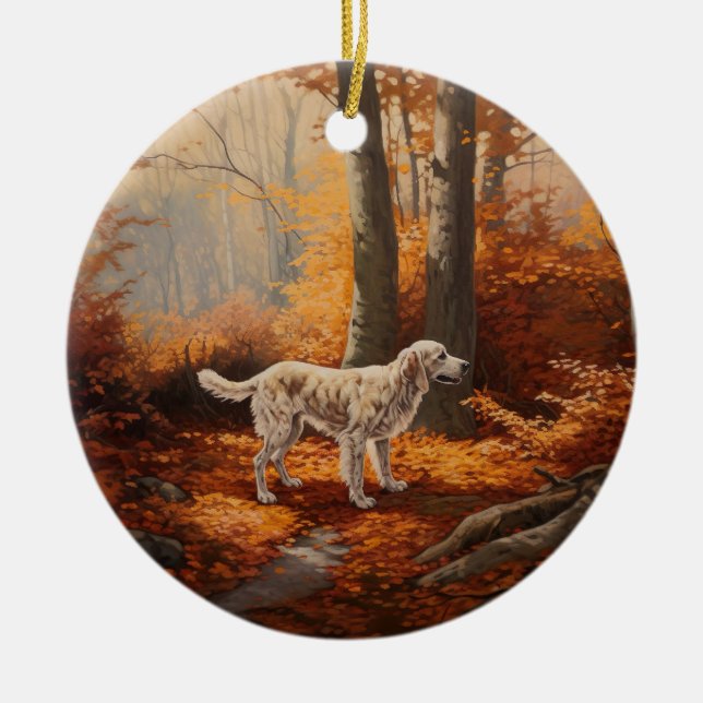 English Setter in Autumn Leaves Fall Inspire Ceramic Ornament (Front)