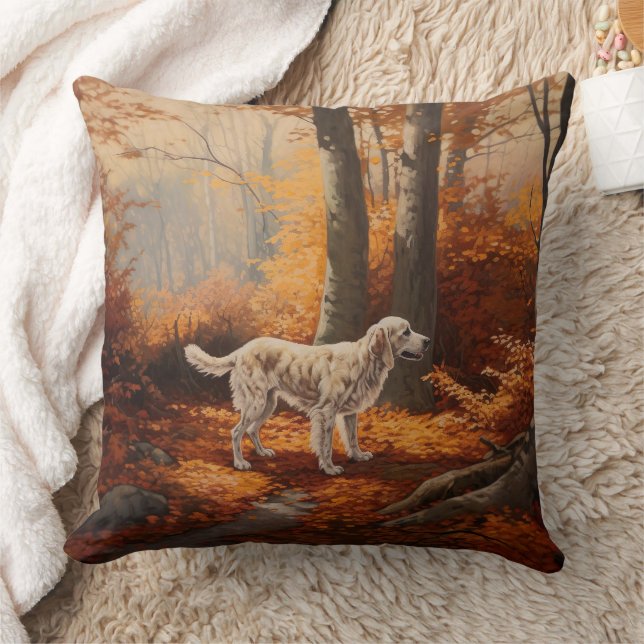 English Setter in Autumn Leaves Fall Inspire Throw Pillow (Blanket)
