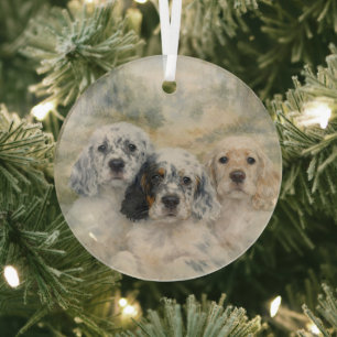 English Setter Puppies Glass Ornament