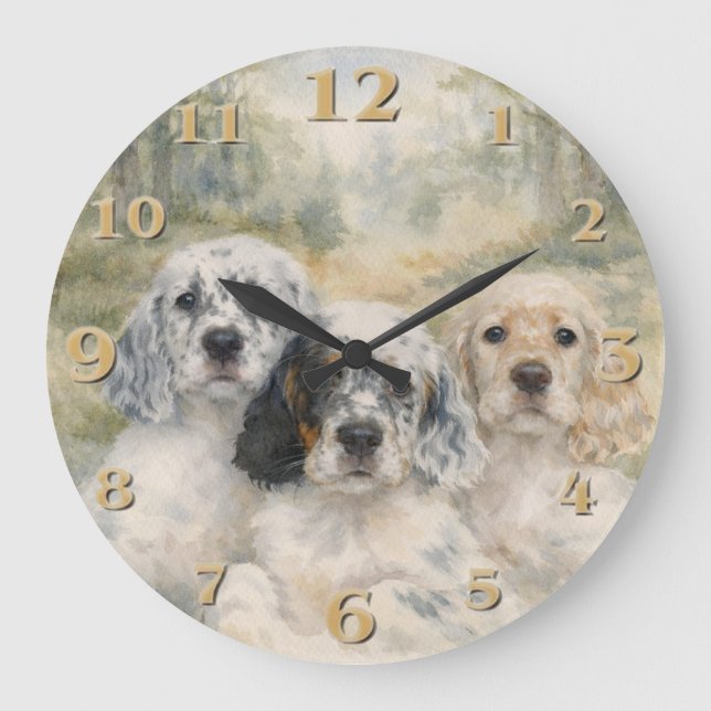 English Setter Puppies Large Clock (Front)