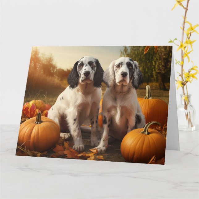English Setter Puppy Autumn Delight Pumpkin  Card (Yellow Flower)