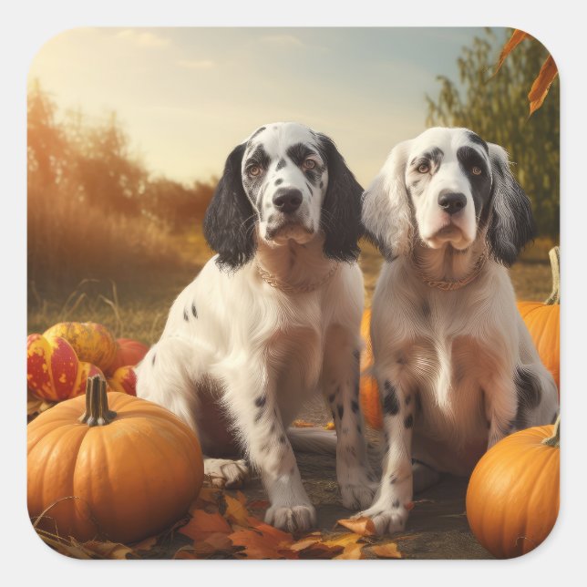 English Setter Puppy Autumn Delight Pumpkin  Square Sticker (Front)