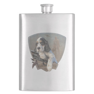 English Setter puppy with a classic shotgun Hip Flask