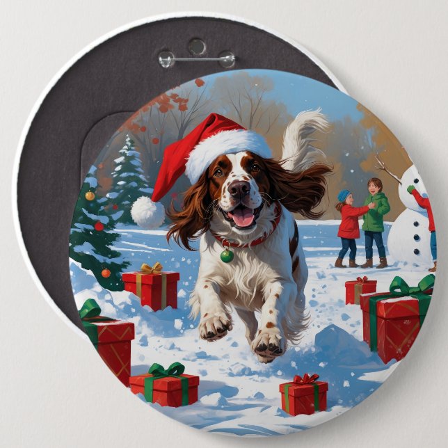 English Setter Running in Snow with Christmas Hat 6 Inch Round Button (Front & Back)