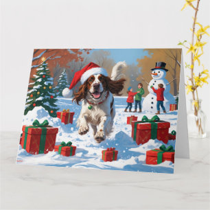 English Setter Running in Snow with Christmas Hat Card