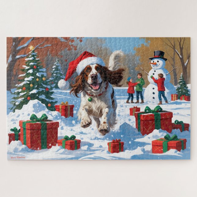 English Setter Running in Snow with Christmas Hat Jigsaw Puzzle (Horizontal)