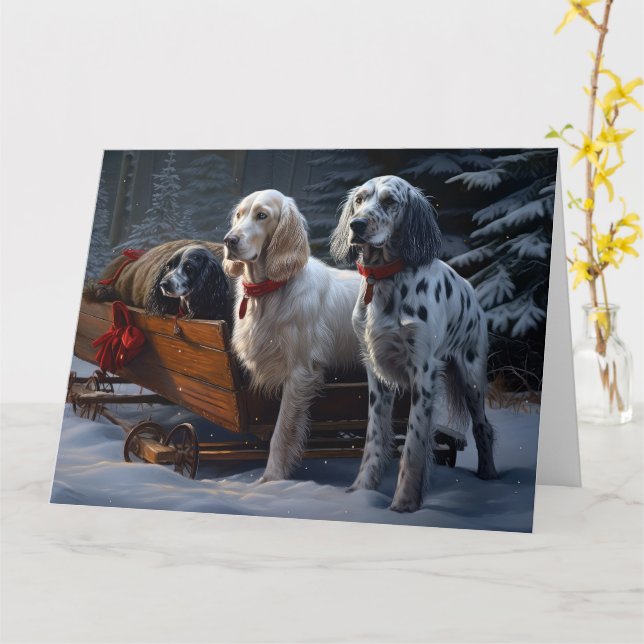 English Setter Snowy Sleigh Christmas Decor  Card (Yellow Flower)