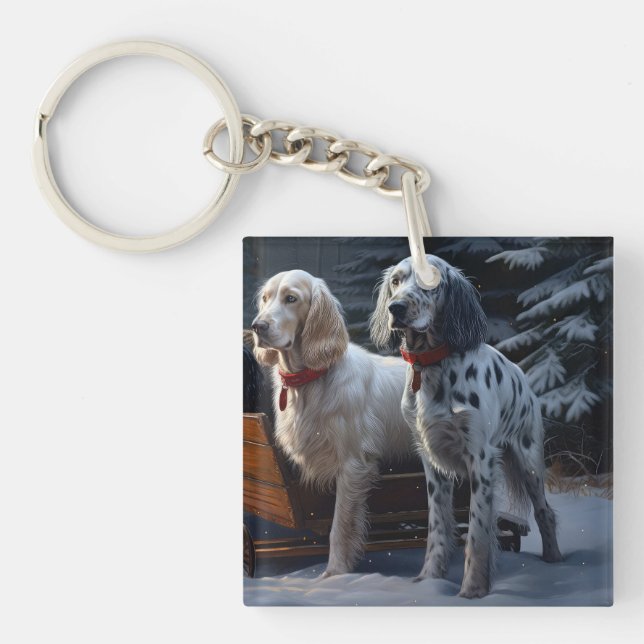 English Setter Snowy Sleigh Christmas Decor  Keychain (Front)