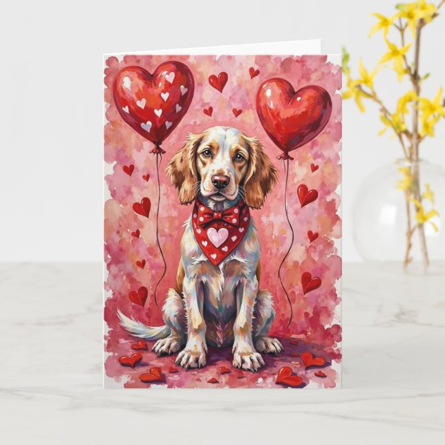English Setter Valentine’s Day Dog with Hearts Red Card (Yellow Flower)