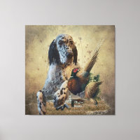 English setter with pheasants, art