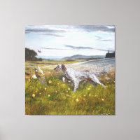English setter with pheasants, art