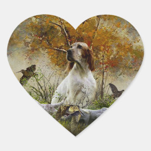 English setter with pheasants, art heart sticker
