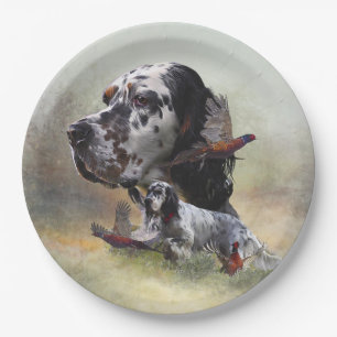 English setter with pheasants, art    paper plate