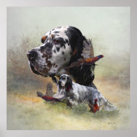 English setter with pheasants, art