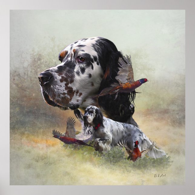 English setter with pheasants, art       poster (Front)