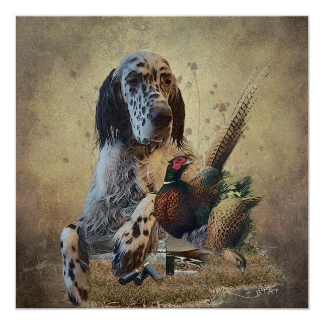 English setter with pheasants, art  poster (Front)
