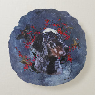 English setter with pheasants, art   round pillow