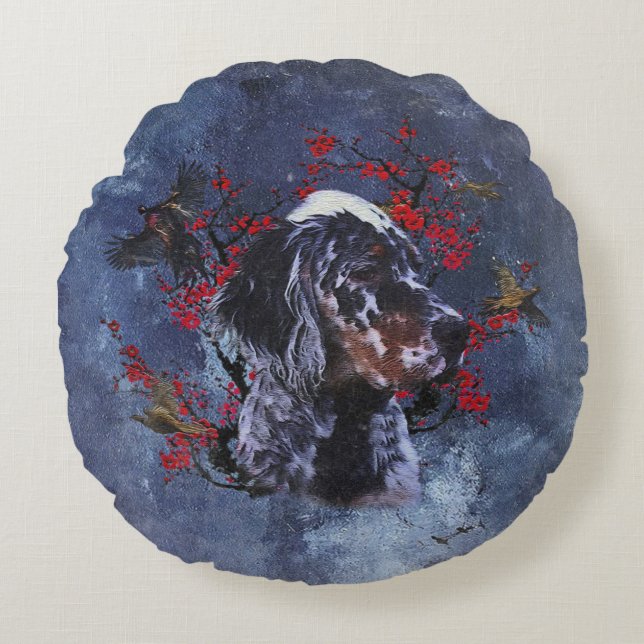 English setter with pheasants, art   round pillow (Front)