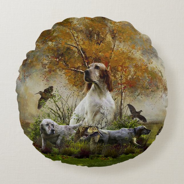 English setter with pheasants, art  round pillow (Front)