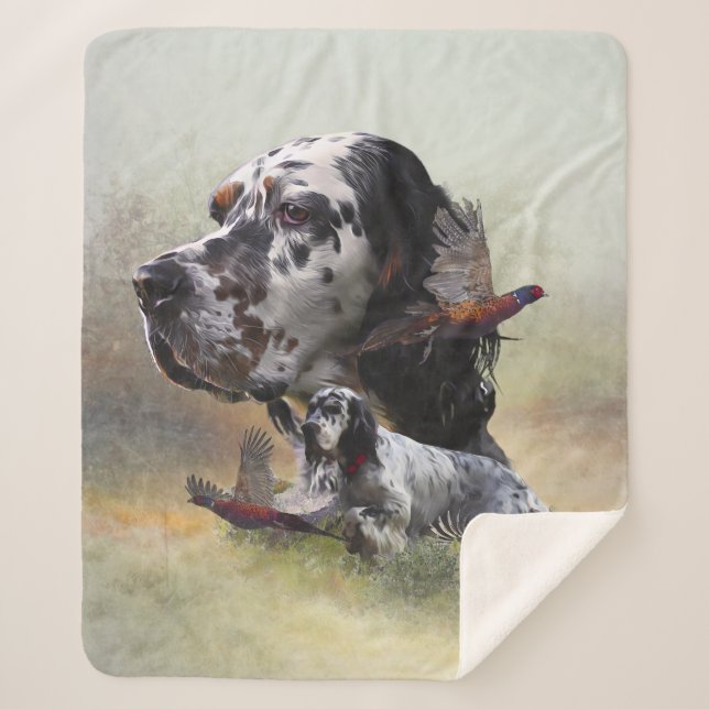 English setter with pheasants, art    sherpa blanket (Front)