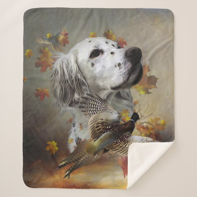 English setter with pheasants, art   sherpa blanket (Front)