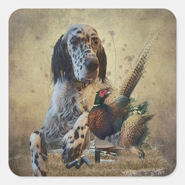 English setter with pheasants, art      square sticker (Front)