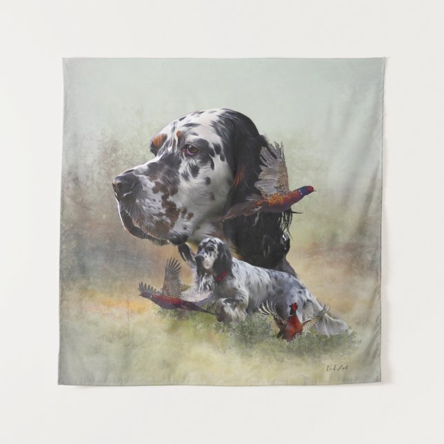 English setter with pheasants, art    tapestry (Front)