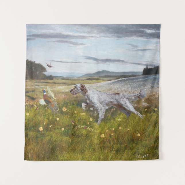 English setter with pheasants, art   tapestry (Front)