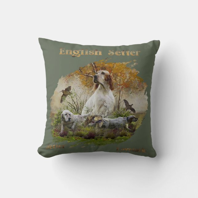 English setter with pheasants, art      throw pillow (Front)