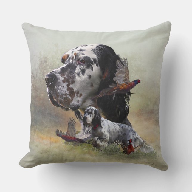 English setter with pheasants, art throw pillow (Front)